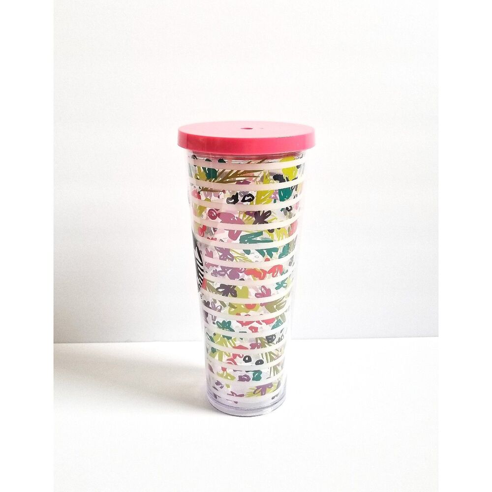 STARBUCKS Venti Cold Cup Tumbler White Stripes Coral Lid Floral 24 oz 2017 - Picture 2 of 12